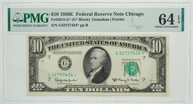 1950 E Series $10 Ten Dollar FRN Fr #2015-G* Granahan/Fowler PMG Graded 64 EPQ