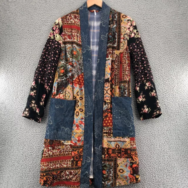 Free People Jacket Womens XS Songbird Patched Coat Blue Multi Duster Kimono Boho