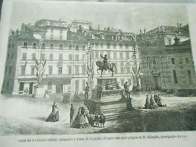 Gravure 1861 - Statue du Roi Charles Albert inauguré à Turin