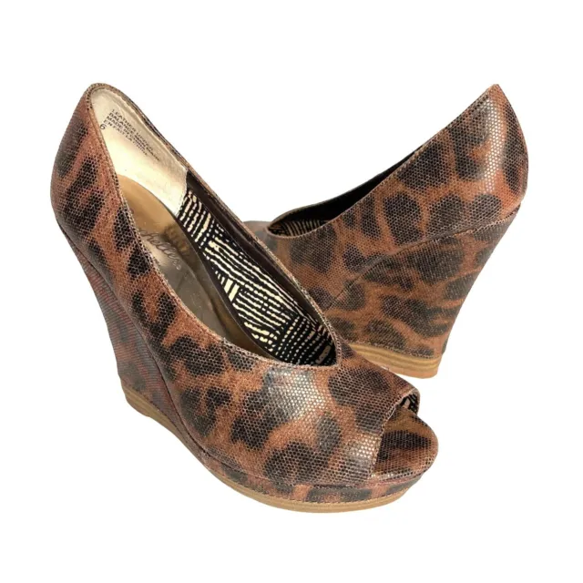 Seychelles Wedges Size 6 Animal Print Peep Toe Shoes Brown Leopard Cheetah Print
