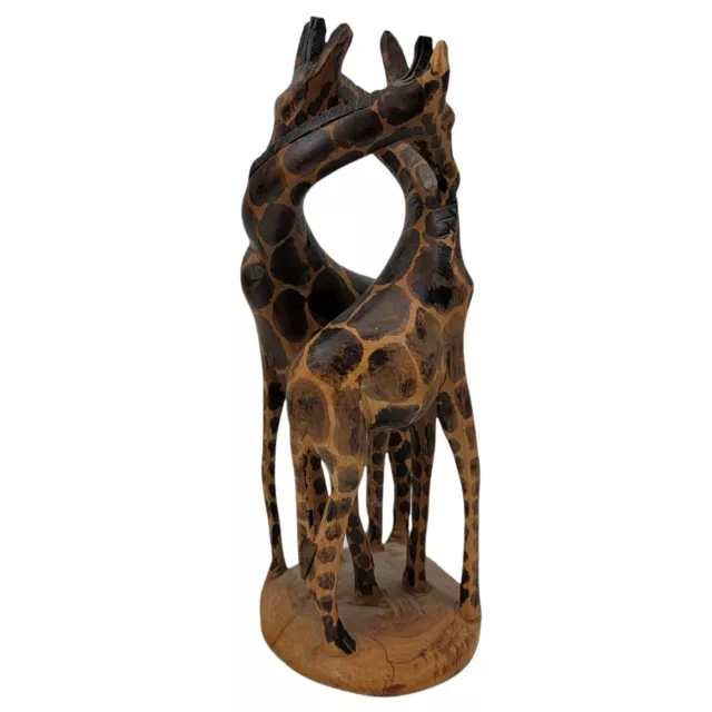 Carved Wooden 2 Giraffes Pair Entwined Twin Couple Giraffe Safari Statue Figures 2