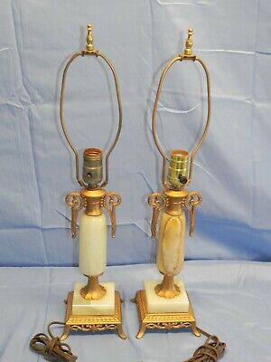 Pair (2) Vintage Italian Alabaster Marble with Brass Table Lamp 22" Tall