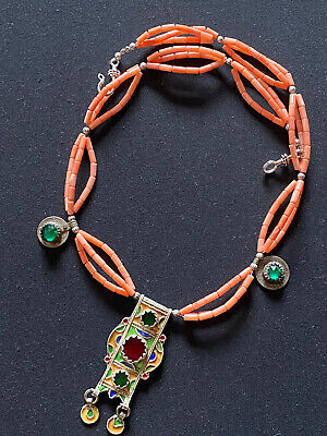 Moroccan Vintage Hirz & coral with Venetian glass Amazigh Berber Necklace.