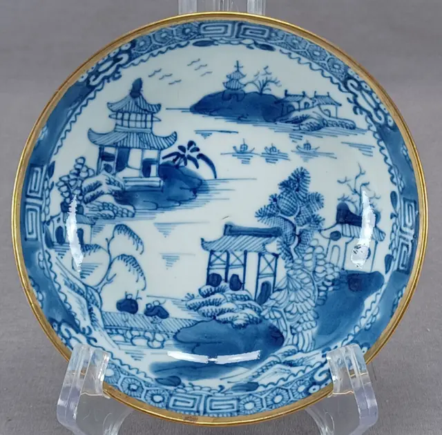 18th Century Chinese Export Hand Painted Blue Pagodas & Gold Saucer C