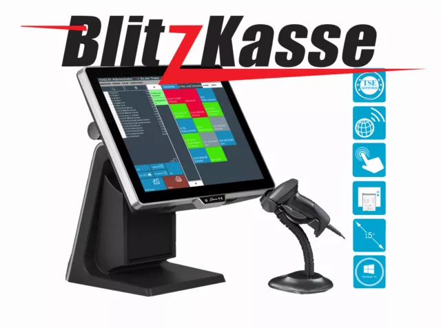 All in One 15" Blitz!Kasse Scannerkasse für Minimarkt Laden  für TSE 2020 READY