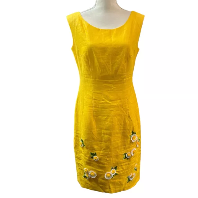 Maggy London Womens 8 Linen Midi Shift Dress Yellow 3D Floral Daisy Sleeveless