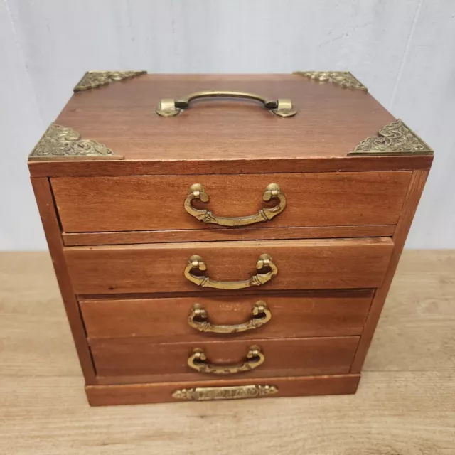 Old Vintage Wood Jewelry Box 4 Drawer Brass Ornate Trim Velour Lined 10" x 10 x7