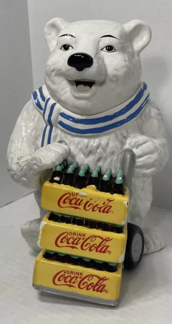 2001 Vintage Coca Cola Polar Bear Cookie Jar With Coke Crates 12.5 Inches Tall