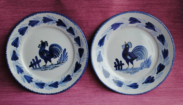 Magnifique Ancienne Paire D'assiettes En Faience De Quimper Signes Hb Quimper