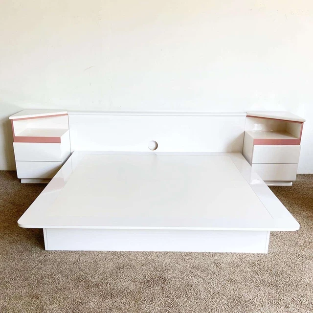 Postmodern Mauve & White Laminate Platform Bed With Headboard and Nightstands