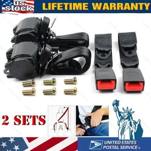 2 Retractable 3 Point Safety Seat Belt Straps Car Vehicle Adjustable Belt Kit US