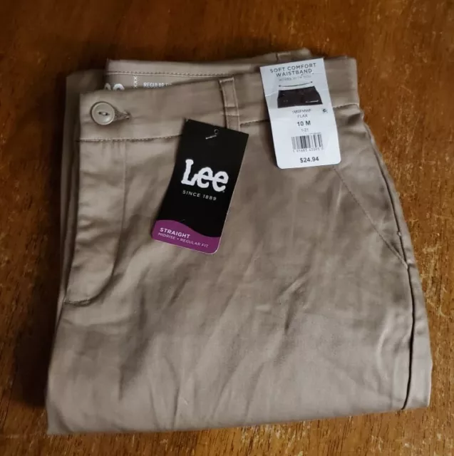 Woman Lee Regular Fit Straight Leg Mid Rise Beige Pockets Pants Size 10 M Nwt