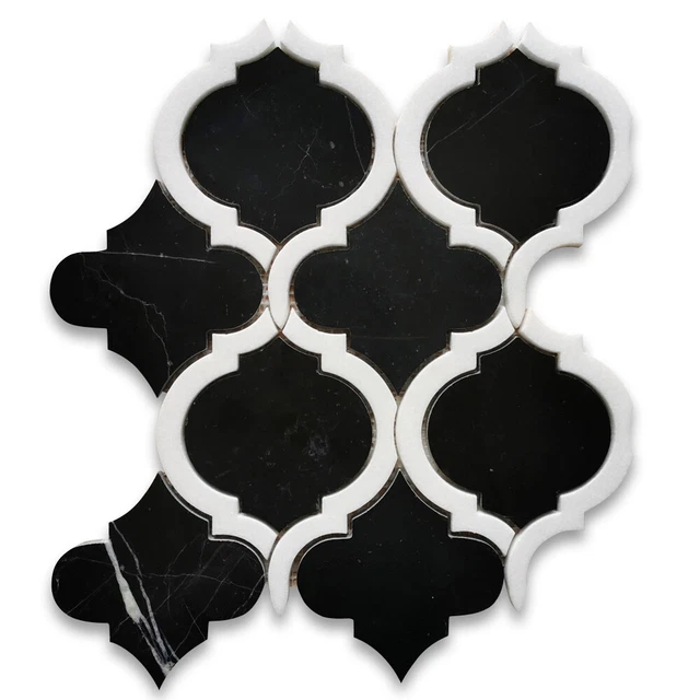 N89AXP Nero Marquina Black Marble Waterjet Arabesque Lantern Tile Polished