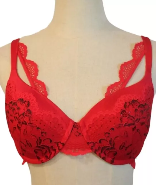 La Senza Size 12C Red Lace Black Trim Shaped Underwire Rhinestones Boudoir Bra