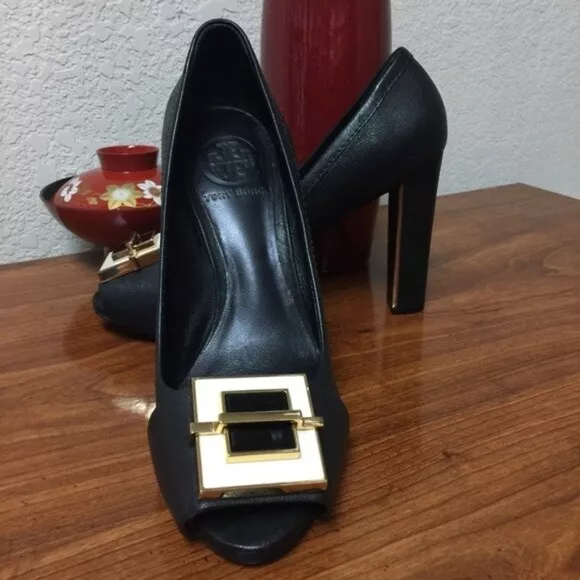 Tory Burch Pumps Peep Toe Black Leather 6 1/2