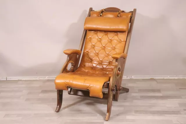 Klappbarer Sessel Relaxchair Holz Lederbezug Chesterfield Stil 20.Jhd (MÖ2925)