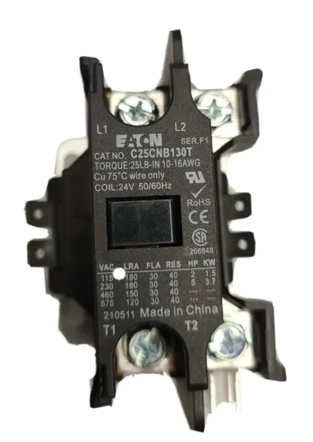 Eaton C25Cnb130T Definite Purpose Contactor 1 Pole W/ Shunt 24Vac Coil