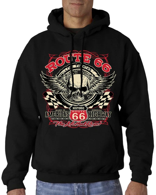 Velocitee Mens Hoodie Live To Ride Biker Skull America's Highway A22690