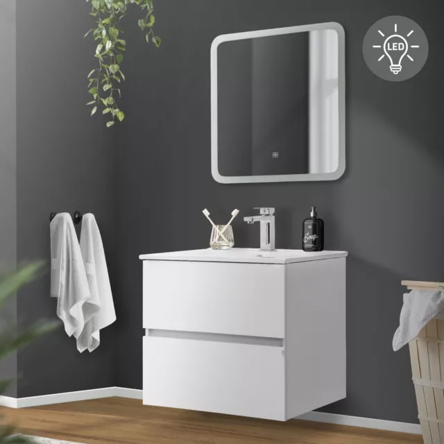 Ensemble meubles salle de bain miroir LED + bas lavabo + vasque moderne 3 pièces