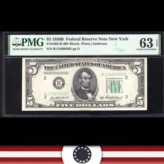 1950-B $5 NEW YORK FRN FEDERAL RESERVE NOTE PMG 63 EPQ Fr 1963-B 59050