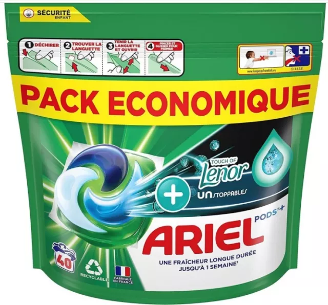 Pack 40 Pods ARIEL Allin1 + LENOR Unstoppables Aérien Lot Capsule Lessive Lavage