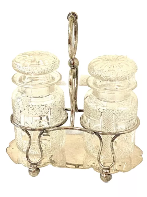 Antique JBC&Sons English Silver Plated Pickle Jar Holder W Cut Lead Crystal Jars