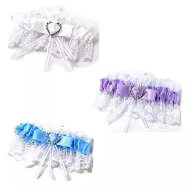 Bridal Garter Wedding Lace Satin Bow White Crystal Heart Leg Band Diamante