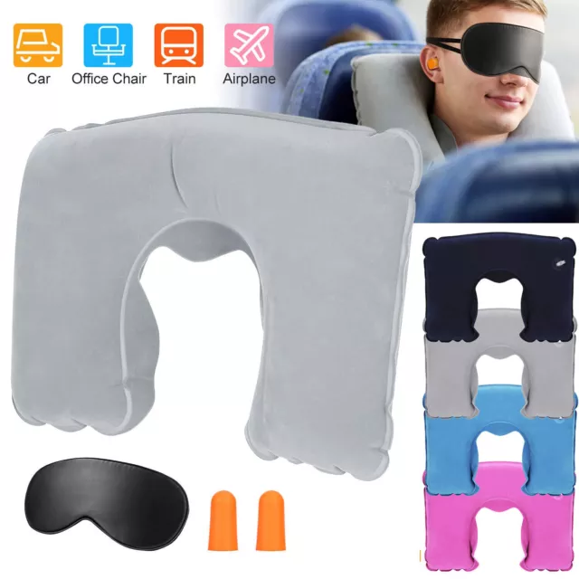 Inflatable Car Airplane Travel Sleep Head Neck Rest Office Nap Pillow + Eye Mask