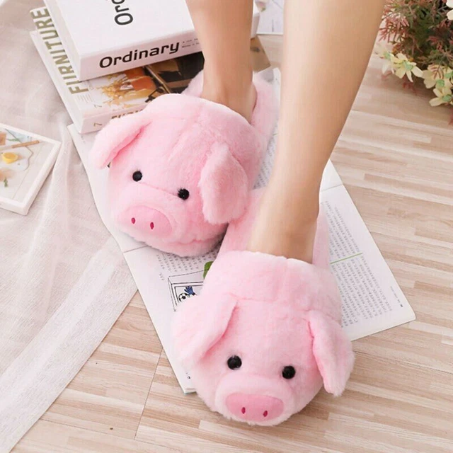 Cute Cartoon Pig Home Women Fur Slippers Winter Warm Plush Girls Floor Slides
