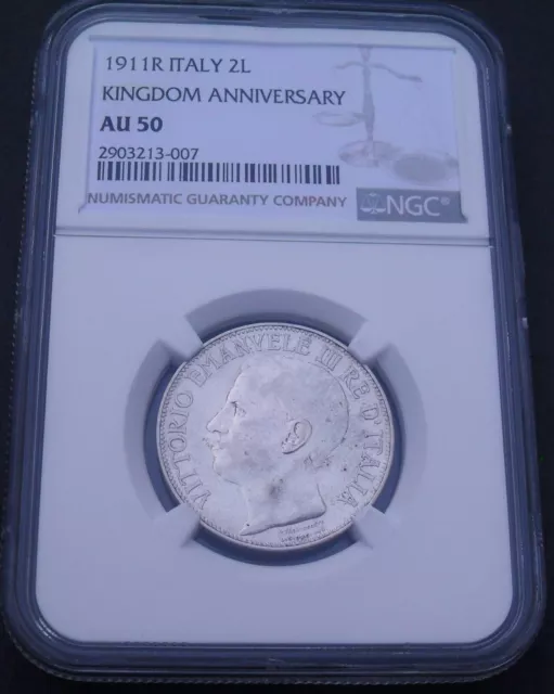 1911 R Italy  2 Lire ,  NGC AU 50 ,  nice silver coin      #  1633, # 49-14