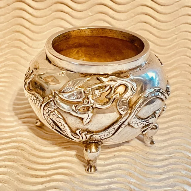 Antique Chinese Export Silver Dragon Bowl Master Salt Cellar 4 Footed Bowl c1900