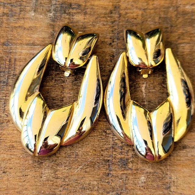 Vintage 60's Retro Gold Tone Door Knocker Earrings Dangle Drop Clip-On 2.5"