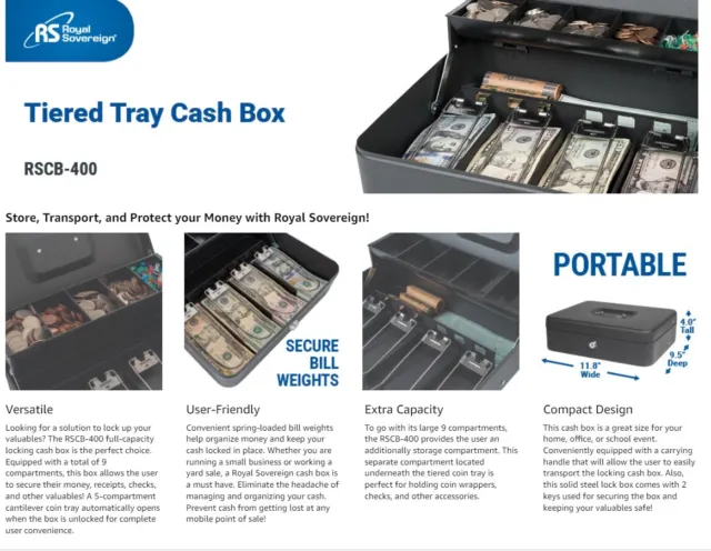 Large Rugged Cash Money Box with Lock,Key and Money Tray for Cash Metal Lock Box