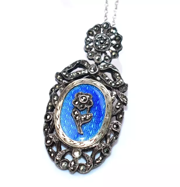 MAGNIFICENT!! Antique STERLING **ENAMEL GUILLOCHE** Mourning LOCKET Necklace