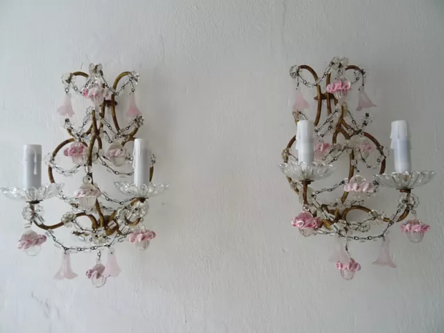 French Pink Ribbon Murano Opaline Drops  & Bells Crystal Swags Sconces c 1920