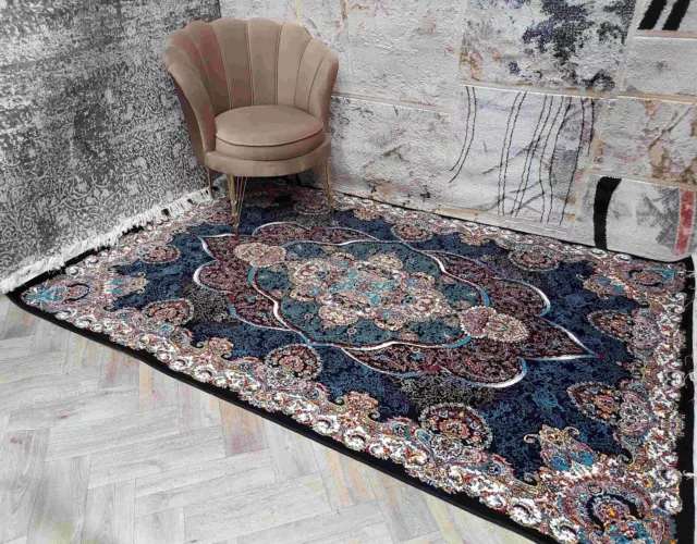 TOP QUALITY NICE RUGS WOOL TOUCH 100%ACRYLIC BLACK BLUE / MULTICOLOUR 120x180Cm