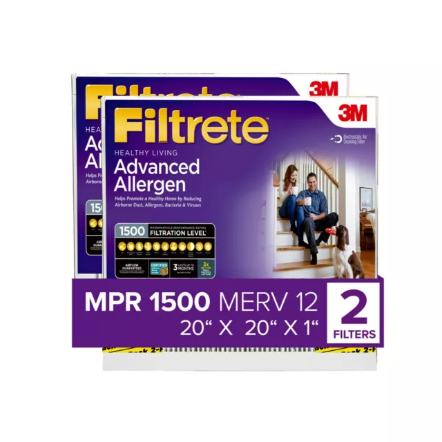 20x20x1 Air Filter, MPR 1500 MERV 12, Advanced Allergen Reduction, 2 Filters
