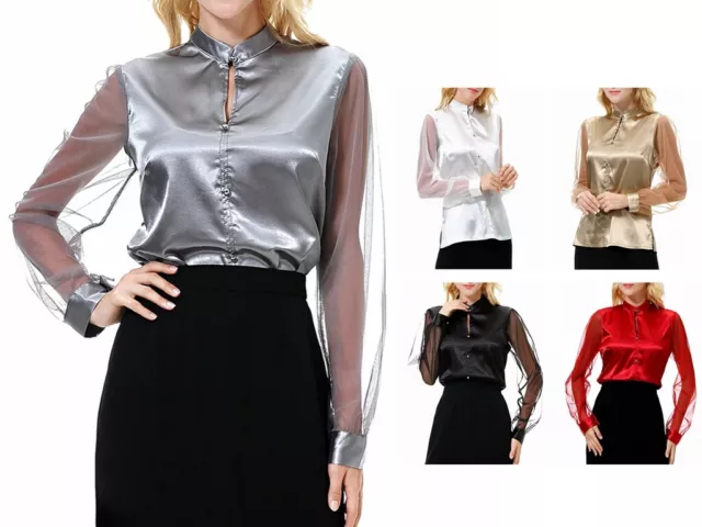 Women Long Mesh Sleeve Shirts Tops Blouse Party Satin Blouse Pure Color Top