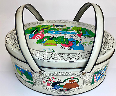 Vintage Oval Tin Basket Two Handles Figures in Victorian Scenes White Multicolor