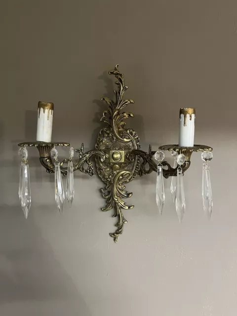 Candelabra Brass Crystal Ornate Wall Sconce Hard Wired 2 Light Fixture Vintage