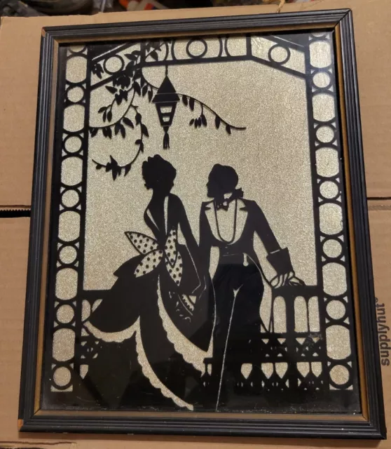 Vtg Art Deco Victorian Couple Reverse Painted Framed Wall Art Silver Black