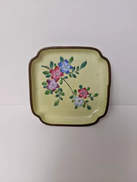 Vintage Chinese Hand Painted Enamel Floral Bronze Metal Small Trinket Tray Dish