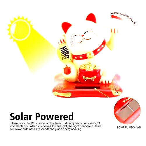 Lucky Beckoning Cat, Solar Powered Waving Wealth Cat, 7.6cm Feng Shui Décor Gift