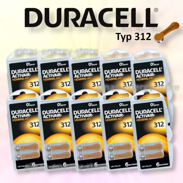 60 x Duracell ActivAir Hörgeräte Batterien Typ 312 PR41 Easy Tab