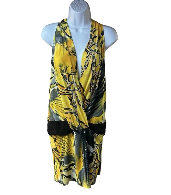 Vintage Y2K Cache Dress L Yellow Black Surplice Wrap Bodycon Clubwear Party Vintage Y2K Cache Dress L Yellow Black Surplice Wrap Bodycon Clubwear Party