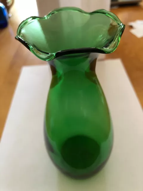 Vintage Anchor Hocking Emerald Forest Green Glass 6.5” Crimped Top Vase