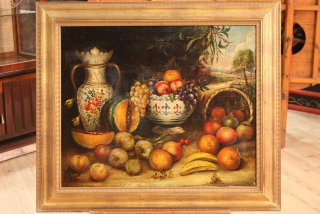 Pintura bodegon oleo sobre lienzo cuadro estilo antiguo marco 900 siglo XX