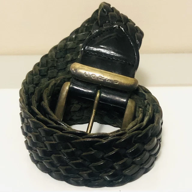 Vintage Corfu Black Leather & Brass Size M Plaited Woven Belt Women 90’s EUC