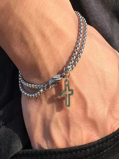 Bracciale Braccialetto a strati alla moda croce per uomo catena colore argento