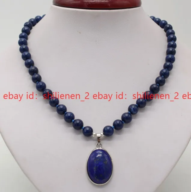 Natürliche 8mm Blau Lapis Lazuli Perlen & Anhänger Edelstein Halskette 18''